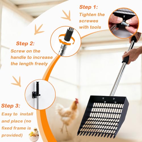 Adjustable Chicken Poop Scooper, 4-in-1 Sifting Litter Shovel for Chicken Coop, Adjustable Stainless Steel Handle Metal Chicken Poop Scooper Goat Stall, and Stable Cleaning (24 to 70 Inches)