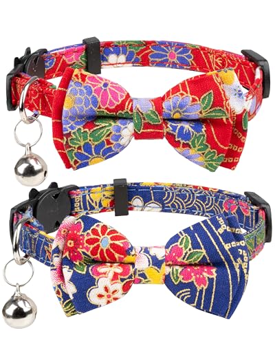 Collar for Cat Pet Breakaway with Bell Bowtie Detachable Bow Adjustable Safety Kitten Puppy Girl Boy 2pcs Navy Blue & Red - color: Flower-Navy Blue & Red