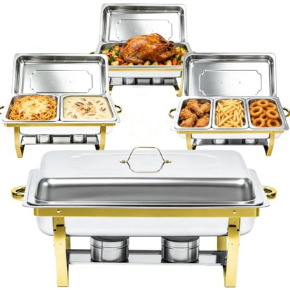 9QT Chafing Dishes for Buffet 4 Pack with 7 Multi-Size Food Pans - color: Silver + Golden