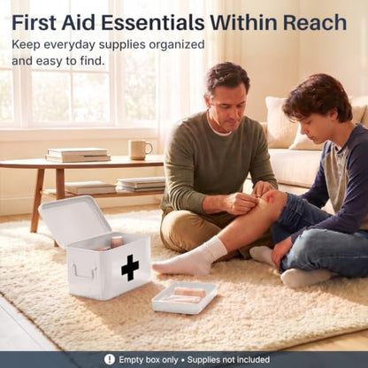 Flexzion Large Metal First Aid Box Empty, 8.5-Inch, White with Black Cross - color: White - Black Cross, size: 8.5 Inch without Latch Lock