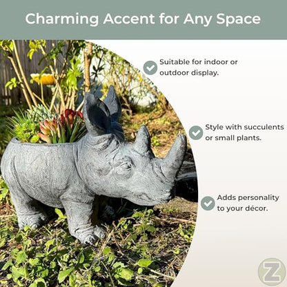 Zeckos Rhino Animal Planter, 18.5 Inch Wide Grey Textured Finish | Magnesium Oxide, 13 Inch Tall, Indoor or Outdoor Display, Drain Holes, 4 X 7.5 Inch Opening, 7.5 Inch Deep - color: Rhino - Grey