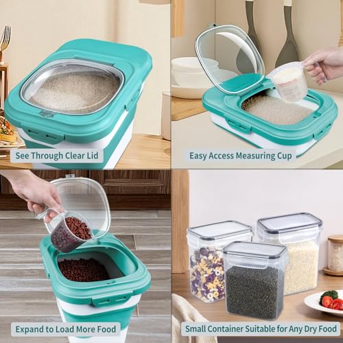 Komzon Rice Storage Container, Collapsible Airtight Food Storage Containers 6-20 Lbs, Rice Dispenser with Measuring Cup and Small Bin for Flour Cereal Pasta Grain, Cat Pet Dog Bird Food Container - size: 6-20 Lbs Green