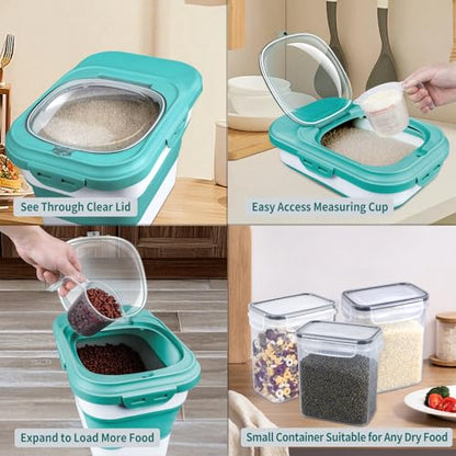 Komzon Rice Storage Container, Collapsible Airtight Food Storage Containers 6-20 Lbs, Rice Dispenser with Measuring Cup and Small Bin for Flour Cereal Pasta Grain, Cat Pet Dog Bird Food Container - size: 6-20 Lbs Green