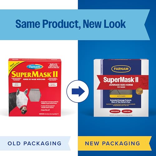 Farnam SuperMask II Horse Fly Mask with Ears, Extended Coverage Equine Fly Protection, Protects Eyes from Insects, Debris & UV, Adjustable Throat Latch, Plush Fleece Trim, Average Size (Pack of 2) - size: Standard Horse (Pack of 2)