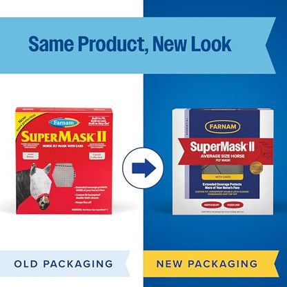 Farnam SuperMask II Horse Fly Mask with Ears, Extended Coverage Equine Fly Protection, Protects Eyes from Insects, Debris & UV, Adjustable Throat Latch, Plush Fleece Trim, Average Size (Pack of 2) - size: Standard Horse (Pack of 2)