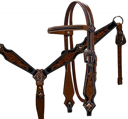 Showman Tooled Leather Headstall & Breast Collar Set w/Brushed Copper Accents, Average Full Size Horse