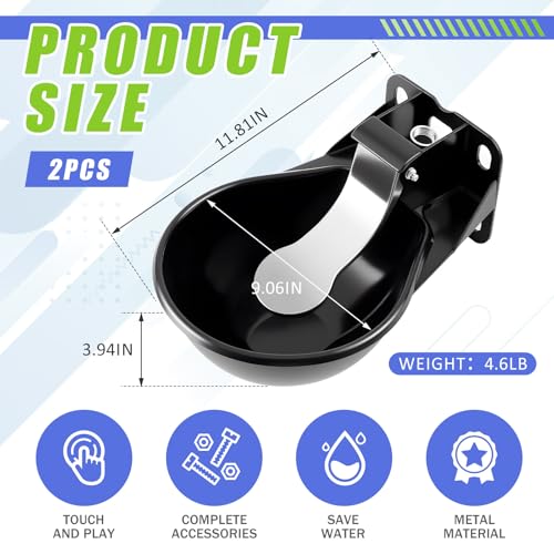 2 Pcs 2.5 L/ 0.66 Gal Automatic Livestock Waterer, Heavy Cast Iron Push-Paddle Water Trough, Black Stainless Steel Livestock Water Bowl for Horse Cattle Goat Pig 11.8 x 9.06 x 3.94 Inch