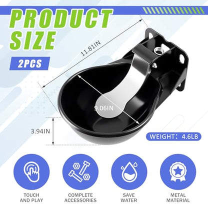 2 Pcs 2.5 L/ 0.66 Gal Automatic Livestock Waterer, Heavy Cast Iron Push-Paddle Water Trough, Black Stainless Steel Livestock Water Bowl for Horse Cattle Goat Pig 11.8 x 9.06 x 3.94 Inch