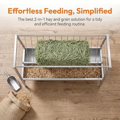 59" X 24" X 33.4" Goat Sheep Feeder, 95 Gallon Goat Hay Feeder, Livestock Hay Feeder with Grain Water Pan, Stainless Steel Frame Safe Rounded Edges, Livestock Feed Trough for Goats, Horses and Cattle