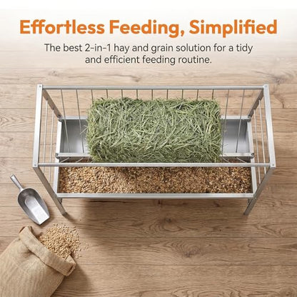 59" X 24" X 33.4" Goat Sheep Feeder, 95 Gallon Goat Hay Feeder, Livestock Hay Feeder with Grain Water Pan, Stainless Steel Frame Safe Rounded Edges, Livestock Feed Trough for Goats, Horses and Cattle