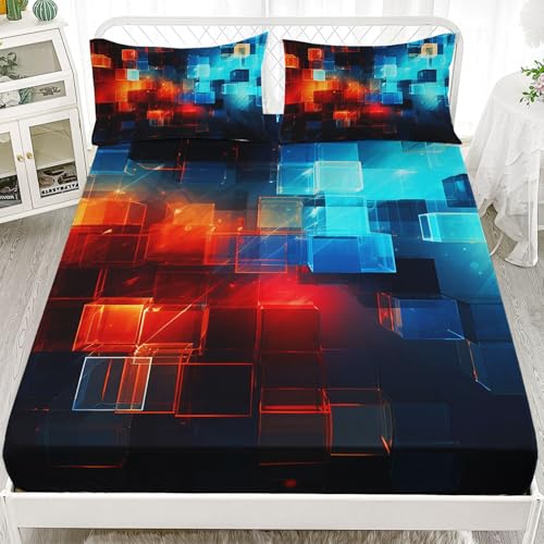 Blue Geometric Cubes Printed Twin Sheets Set 4 Pcs Bed Sheet for Teens,Boys,Girls,with 1 Flat and 1 Fitted Sheet + 2 Pillowcases - color: Geometric Cube, size: Twin 67x97 inches