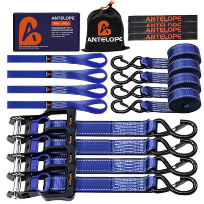A ANTELOPE 4 Pack 1.5" x 8' Ratchet Tie Down Straps with S Hooks, Blue - color: Blue, size: 4PK-1.5in