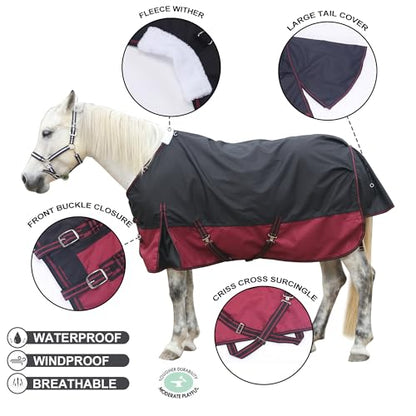 1200D Horse Blanket, 200g Medium Weight Waterproof Winter Turnout - color: Wine, size: 81"