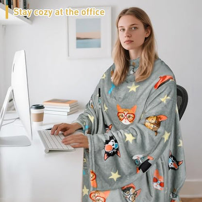 Catalonia Wearable Blanket with Sleeves & Foot Pocket for Adults - color: 80's Cat Dog Gray, size: Fleece