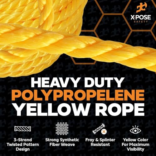 Yellow Twisted Polypropylene Rope, 1/4" Thickness x 600' Length Heavy Duty Poly Ropes for Outdoor and Marine Use, Yellow Rope for Visibility & Safety - 36 Packs - size: 1/4" X 600'