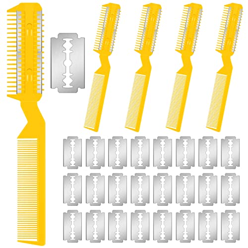 Yinkin 5 Pieces Razor Comb for Dogs Hair Grooming Trimmer for Pet Razor Comb with 25 Extra Blades Manual Dog Hair Trimmer Double Edge for Cats Hair Cutting Tool(Yellow) - color: Yellow