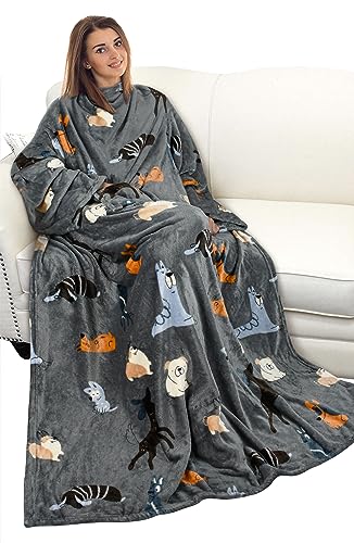 Catalonia Wearable Blanket with Sleeves for Women & Men, Fleece Wrap Throw - color: Gray Dog