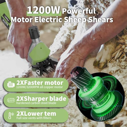 1200W Sheep Shears Clippers, 3200RPM 6-Speed Adjustable Heavy Duty Electric Sheep Shears for Dogs and Farm Livestock Grooming, 13T Blades, Professional Thick Coat Dog Clippers for Alpacas (Green) - color: Avocado Green