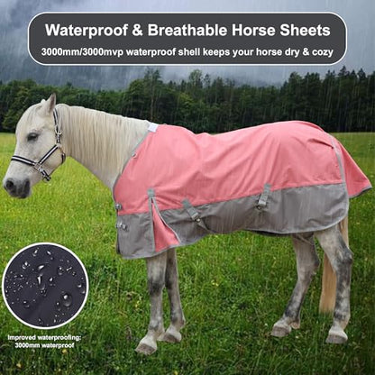1200D Horse Blanket, 0g No-Fill Waterproof Turnout Rain Sheet - color: Pink Grey, size: 69"