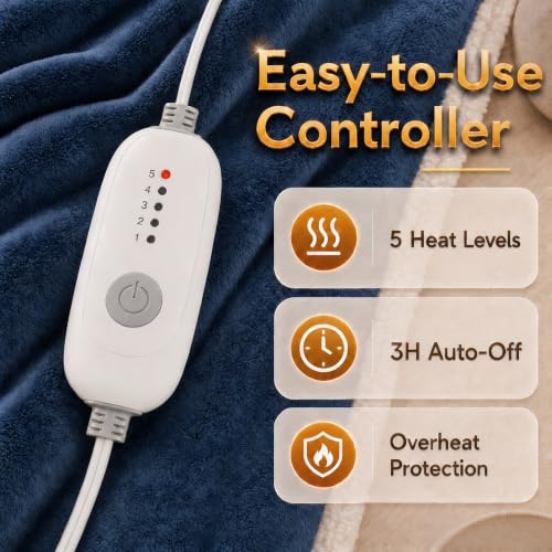Heated Blanket Electric Throw Size 50''x60'' with 5 Heating Levels, 3 Hour Auto Shut Off, Machine Washable, Flannel & Sherpa Double-Sided Soft Warming Blanket for Couch, Bed, Office - Navy Blue - color: 05-navy Blue, size: 50''x60''(Throw)