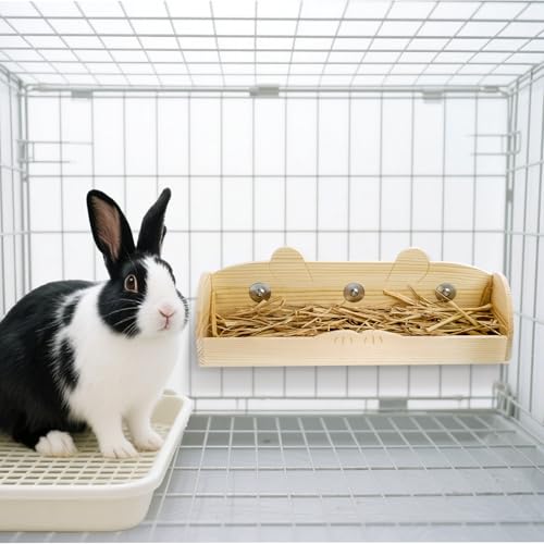 Hedume Rabbit Hay Feeder, Wooden Bunny Food Feeding Manger, Rabbit Hay Holder Less Wasted Food Dispenser for Guinea Pig, Chinchilla, Hamster