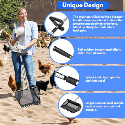 VEEMI Chicken Poop Scooper Rake 2-in-1,304 Stainless Steel Shovel Head, Chicken Litter Scoop with Handle for Chicken Coop for Sand, Pet Waste Cleaning, Litter Sifting Shovel (35 to 65") - color: Black