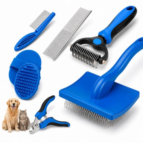 Dog Grooming Kit 6-in-1 for Dogs & Cats, Professional Pet Grooming Tools Set with Deshedding Rake, Slicker Brush, Bath Brush, Nail Clipper, Flea Comb & Grooming Comb for Shedding, & Daily Care