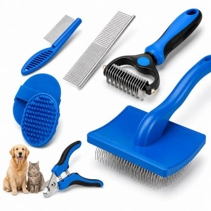 Dog Grooming Kit 6-in-1 for Dogs & Cats, Professional Pet Grooming Tools Set with Deshedding Rake, Slicker Brush, Bath Brush, Nail Clipper, Flea Comb & Grooming Comb for Shedding, & Daily Care