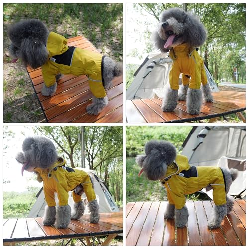 LOVELONGLONG Fleece-Lined Dog Raincoat with Removable Hood – Waterproof Winter Full Body Dog Jacket – Windproof Snowproof Cold-Weather Suit – Yellow-F M - color: Mustard Yellow Fleeced, size: M (Back 14")
