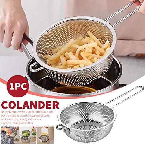 Stainless Steel Fine Mesh Colander with Long Handle, 6-Inch Metal Food Strainer with Resting Feet, Micro-Perforated Colander Metal Kitchen Strainer for Fried Food Vegetable Fruit(silver)