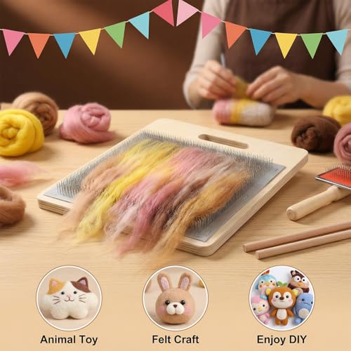 PercyEffie 4 Pcs Wool Blending Board Carding Brush Set Wools Hand Carders Includes 1 Wool Brush and 2 Wooden Craft Sticks for Rolags Blending and Finishing Fibers DIY Wools Carder Comb for Mixing