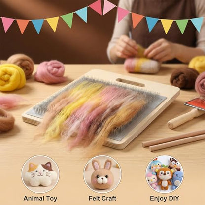 PercyEffie 4 Pcs Wool Blending Board Carding Brush Set Wools Hand Carders Includes 1 Wool Brush and 2 Wooden Craft Sticks for Rolags Blending and Finishing Fibers DIY Wools Carder Comb for Mixing