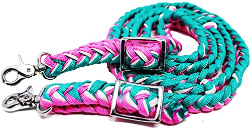 CHALLENGER Horse Western Nylon Braided 8 Ft. Knotted Roping Barrel Reins Purple Teal Orange 60737 - color: Turquoise / Pink / White