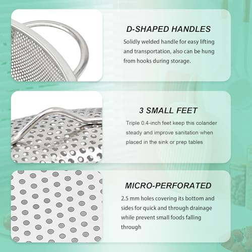 3-Piece Stainless Steel Colander Set with Handles - 5Qt/3Qt/1Qt Nesting Strainers for Pasta, Veggies, Fruit Drainage, Durable Micro-Hole Mesh for Fast Water Flow - size: 1QT+3QT+5QT