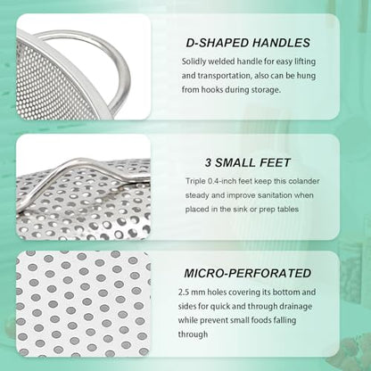 3-Piece Stainless Steel Colander Set with Handles - 5Qt/3Qt/1Qt Nesting Strainers for Pasta, Veggies, Fruit Drainage, Durable Micro-Hole Mesh for Fast Water Flow - size: 1QT+3QT+5QT