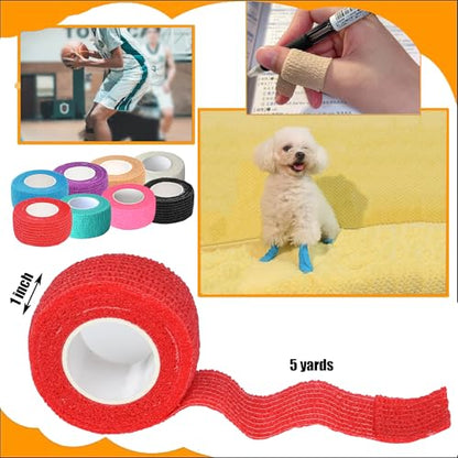 8 Pack 1 in x 5 Yards Cohesive Wrap Self Adhesive Bandage Wrap Elastic Self Adherent Wrap Self Stick Vet Tape for Athletic, Wrist, Ankle, Knees, Pets (Red) - color: Red, size: 1 Inch