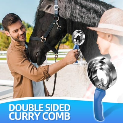 Double Sided Stainless Steel Curry Comb With Soft Grip, Shedding & Grooming Tool For Dogs, Cattle & Horses (Blue) - color: Blue
