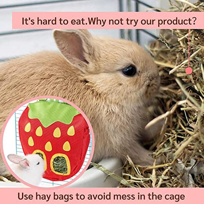 JanYoo Rabbit Hay Feeder Bag for Cage Guinea Pig Timothy Hay Dispenser Storage Manger Hanging Large Less Waste for Bunny - color: A-Strawberry