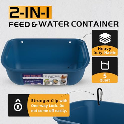 Goovilla Chicken Feeder Waterer, Hanging or Screw-in, 2 Pack 5 Quart, Blue | With Clips and Screws, Goat Feeding Supplies, Duck Piglet Sheeple Coop Dog Livestock Poultry Plastic Feeder Trough Bucket - color: Dark Blue, size: 5 Quart
