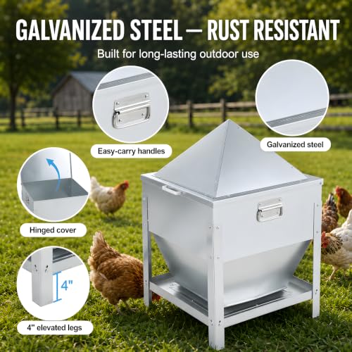 80LBS Large Metal Chicken Feeder, Galvanized Steel Gravity Chicken Feeder with 4-Sided Trough, No Waste Design, Waterproof Locking Lid, Heavy Duty Automatic Outdoor Poultry Feeder for Backyard & Farm
