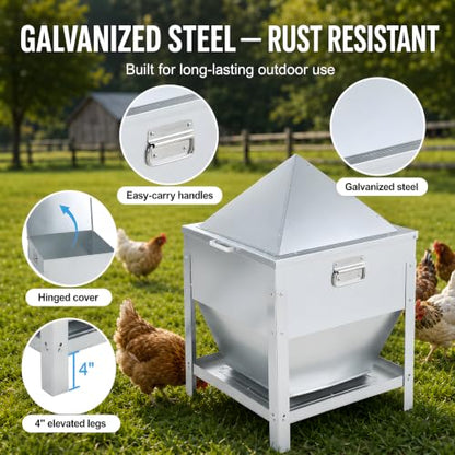 80LBS Large Metal Chicken Feeder, Galvanized Steel Gravity Chicken Feeder with 4-Sided Trough, No Waste Design, Waterproof Locking Lid, Heavy Duty Automatic Outdoor Poultry Feeder for Backyard & Farm