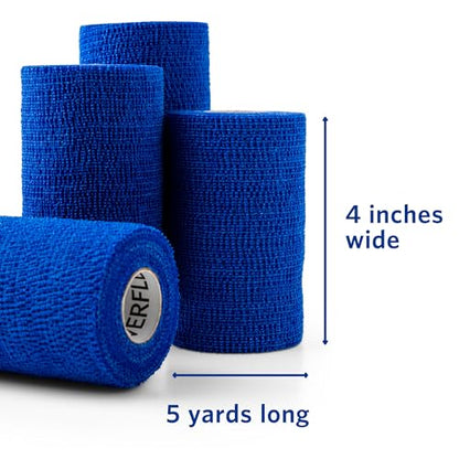 OVIK Health PowerFlex Equine – Extra Strong Self-Adhering Bandage Wrap – Wound Care, Compression & Support Bandage for Horses, Cows & Dogs – Blue, 4 inch, 4 Rolls (Resealable Case) - color: Blue