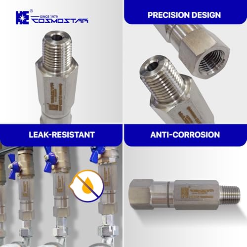 Cosmostar 1/4" NPT Stainless Steel 316 In-Line Ball Check Valve – 6000 PSI One Way Spring Check Valve for Water, Oil & Gas, Anti-Corrosion Backflow Preventer with Viton O-Ring, Male x Female(NRVN02)