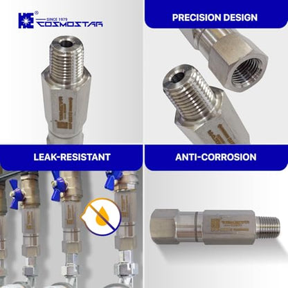 Cosmostar 1/4" NPT Stainless Steel 316 In-Line Ball Check Valve – 6000 PSI One Way Spring Check Valve for Water, Oil & Gas, Anti-Corrosion Backflow Preventer with Viton O-Ring, Male x Female(NRVN02)