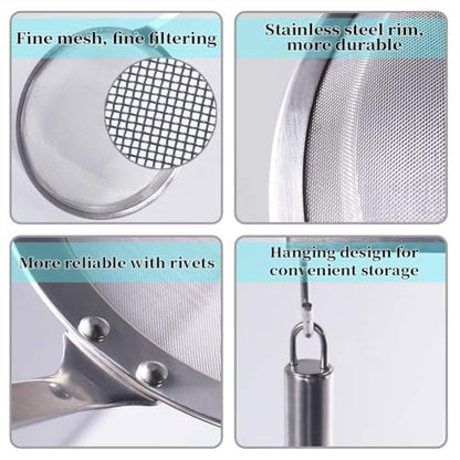 Newness Fine Mesh Strainer Set of 5 with Handle, 304 Fine Mesh Stainless Steel Colander, Wire Strainers for Kitchen, Fat Oil Strainer Skimmer Spoon, Durable Metal Multipurpose for Food, Rice, Quinoa - size: 5 Pack