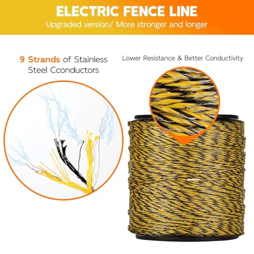 Electric Fence Polywire 1640 Feet, Upgraded 9 Stainless Steel Strands for Reliable Conductivity, Portable PVC-Coated Fiberglass Electric Fenceing 500 Meters, UV, Rust Resistant for Livestock - color: 1640FT