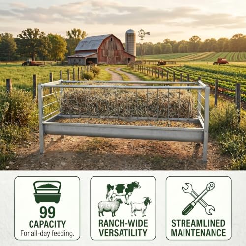 99 Gallon Galvanized Goat Feeder, Weather Resistant Goat Feeder with Hay and Grain Feeder，Ground Livestock Feeder for Goats Sheep Calves