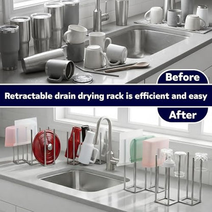 Water Bottle Drying Rack, Cup Drying Rack for Counter, Stainless Steel Tumbler Dryer Stand, Space-Saving Mug & Glass Drying Rack, Heavy-Duty Holder for Cups & Water Bottles (Silver – 7 Pegs) - color: Silver – 7 Pegs