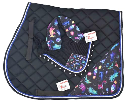 Dinasour Print Saddle Pad Set with Matching Ear Bonnet – Animal Print Horse Riding Gear – Non-Slip & Breathable – Western/English Show