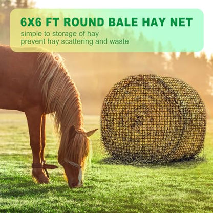 TONGMO 6x6 ft Round Bale Hay Net for Horses & Livestock - Slow Feeder Hay Nets with 2 inches Hole - size: 6×6 ft